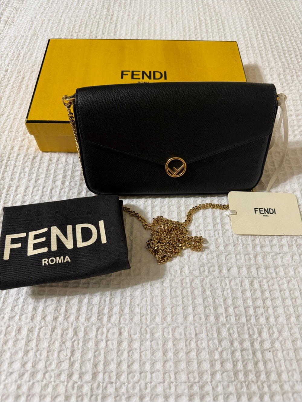 Fendi Black Leather Crossbody with Gold Emblem and Chain ( final sale)